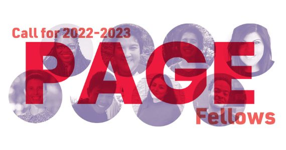 Image of PAGE Fellows logo with red text and bubbles of pictures of previous PAGE fellows